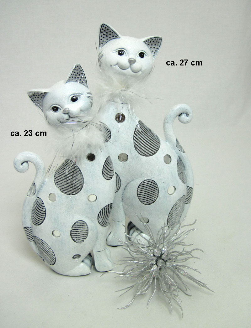 Keramik - Katze "Circles" weiß-silber mit Spiegel-Pailetten ca. 23 cm