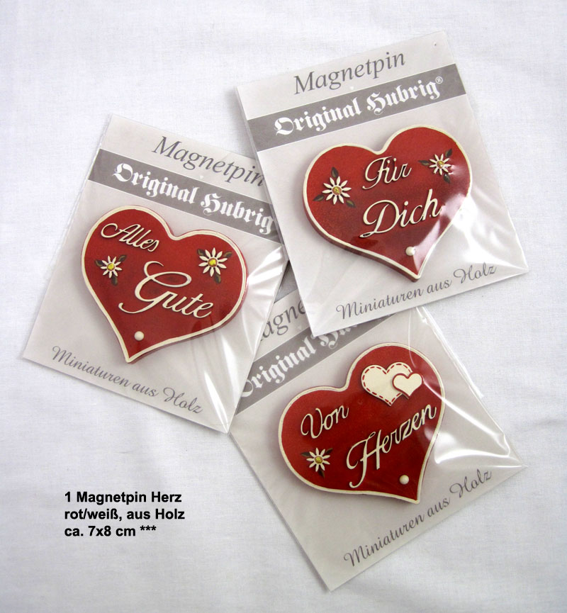 1 Magnetpin Herz Alles Gute, rot/weiß, aus Holz, ca. 7x8 cm