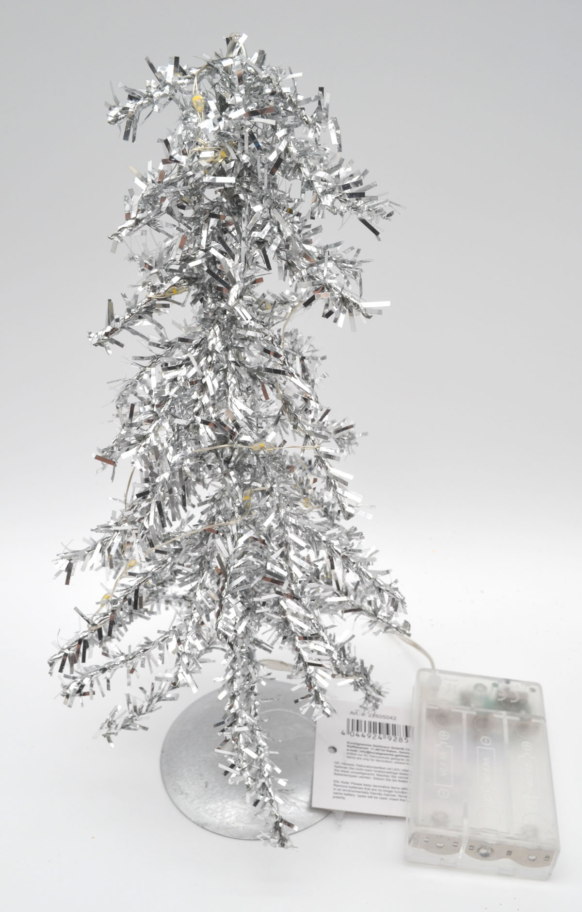 LED-Tanne silber mit 20 LEDs, Timer und Metallfuß – 25 cm