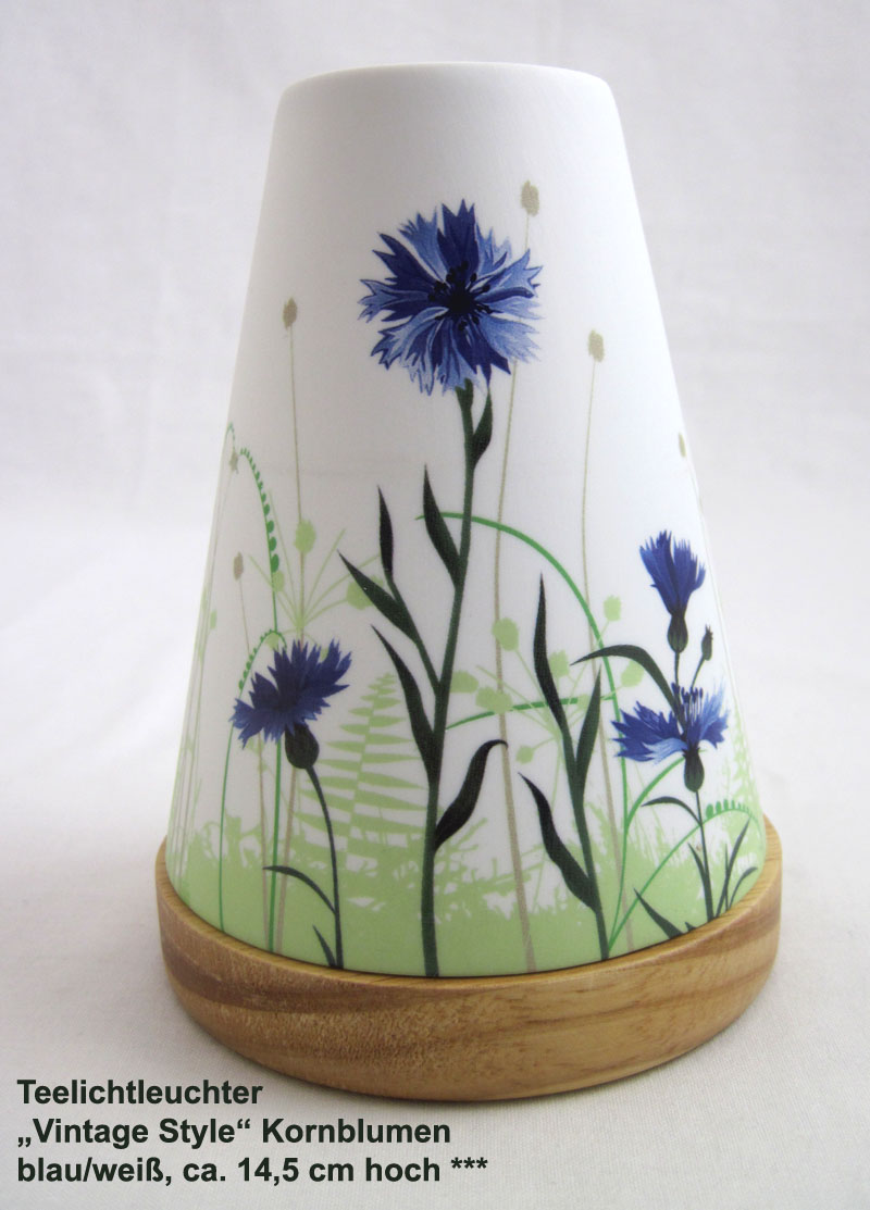 Teelichtleuchter Vintage Style Kornblumen Nr.31 blau/weiß ca. 14,5 cm hoch
