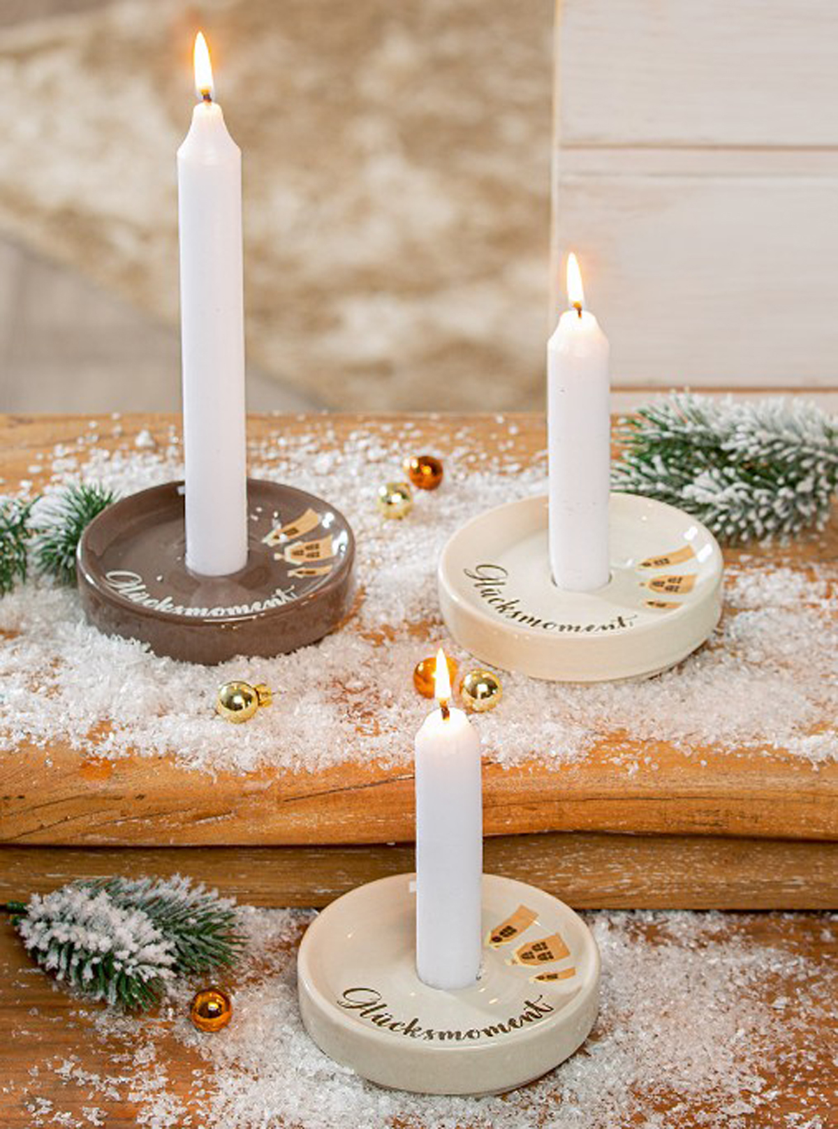 1 Kerzenleuchter rund "Glücksmoment" Schriftzug Porzellan D 10 cm braun