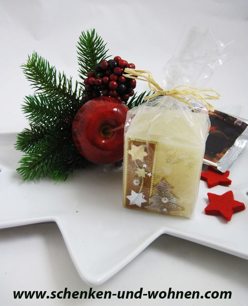 Kerze Creme-Gold mit Dekor ca. 7 x 6 x 6 cm (H/B/T)