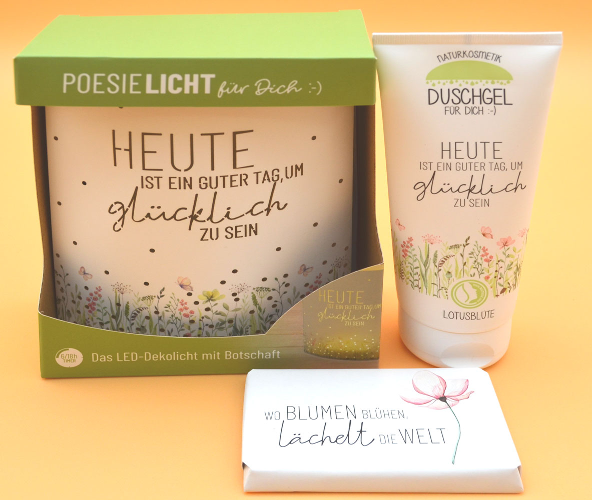 Geschenkset Poesielicht Glücklich sein, Duschbad und Schokolade  Geschenkset Poesielicht Glücklich sein, Duschbad und Schokolade