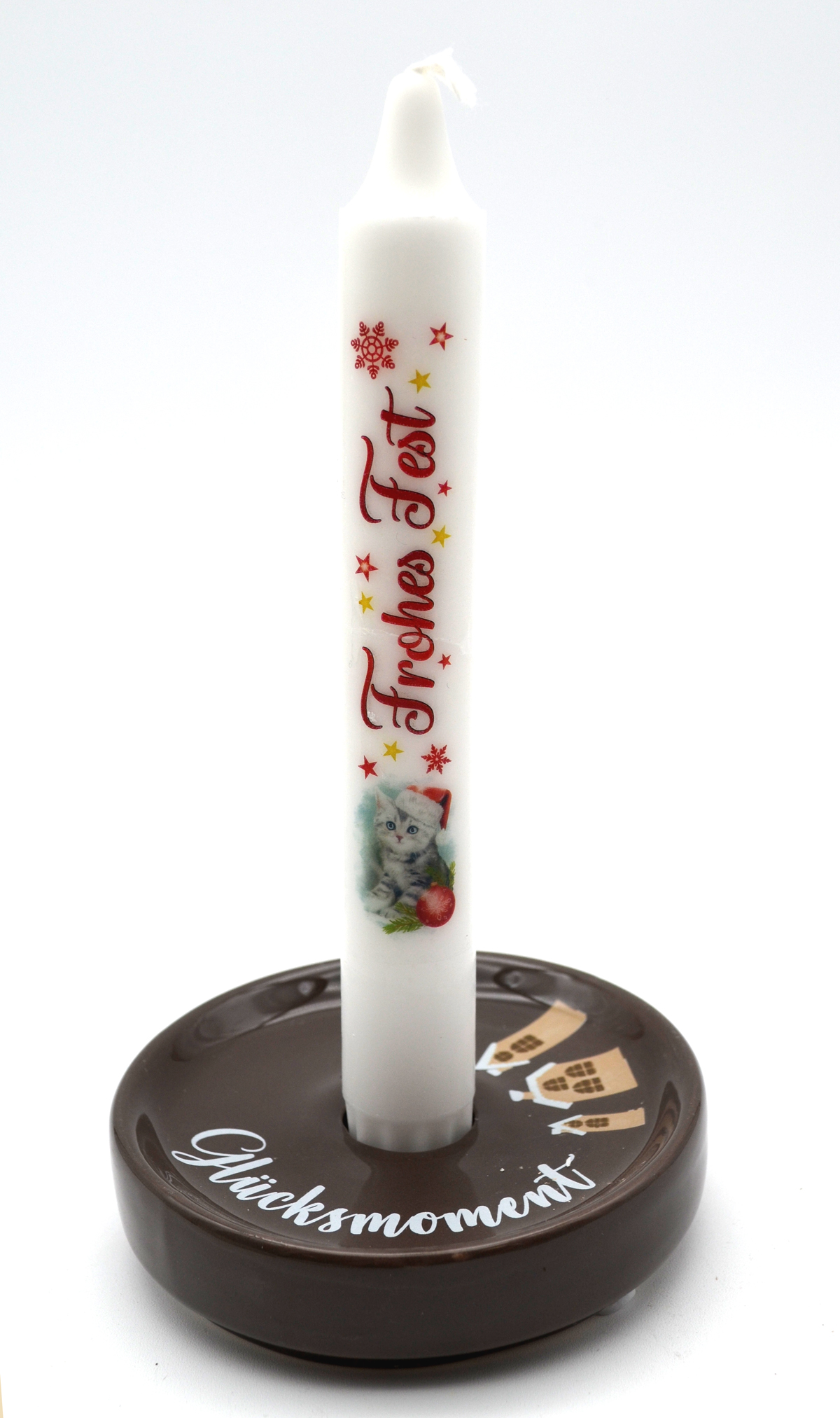 1 Kerzenleuchter rund "Glücksmoment" Schriftzug Porzellan D 10 cm weiss