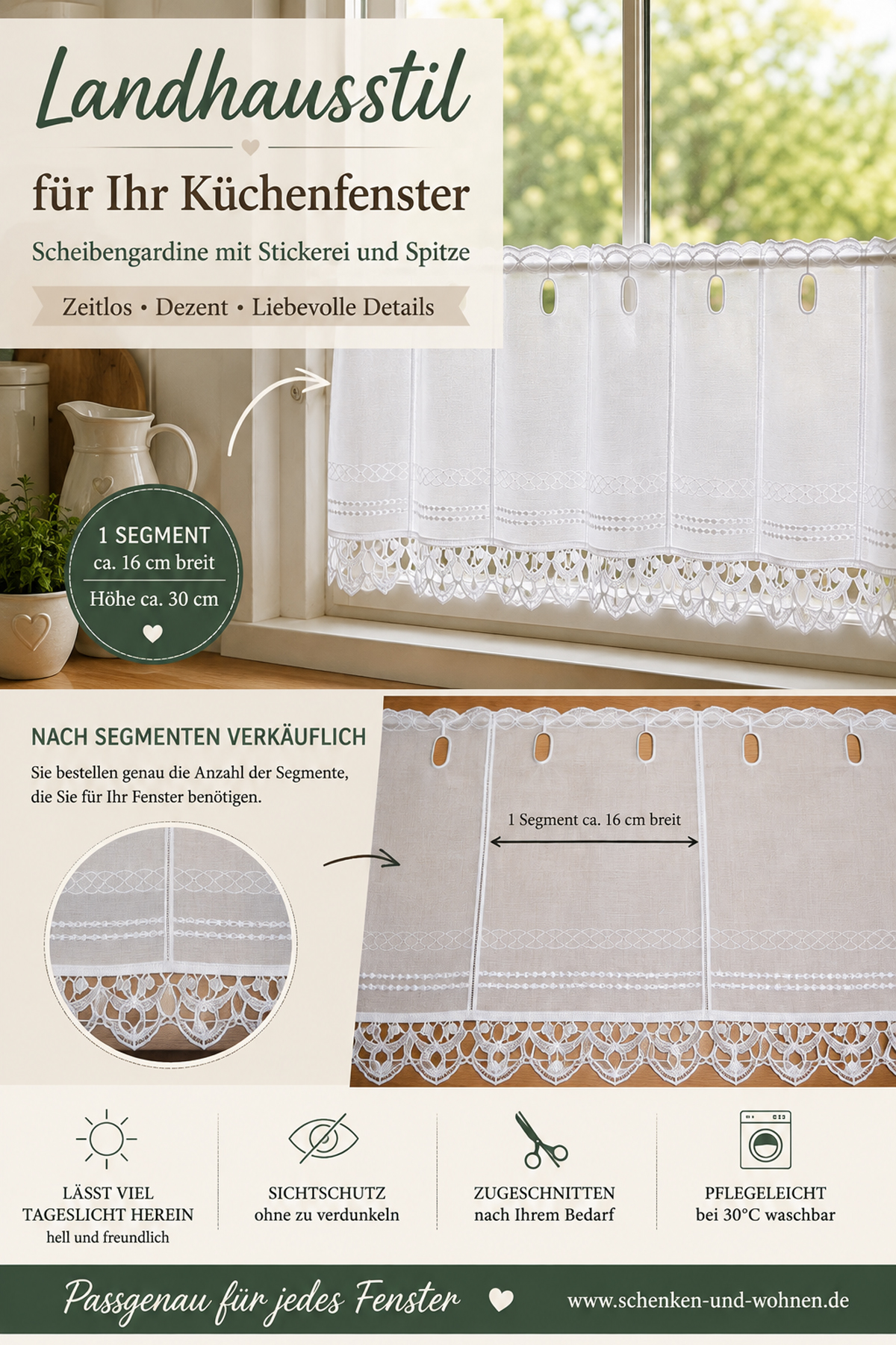 1 Teil / Lamelle Kurzgardine mit Stickerei natur Landhausstil16x30cm B/H