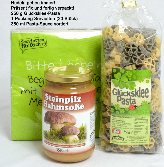 gl_cksklee-pasta_mit_servietten_mit_text Glücksklee-Pasta mit Pasta-Sauce und Servietten