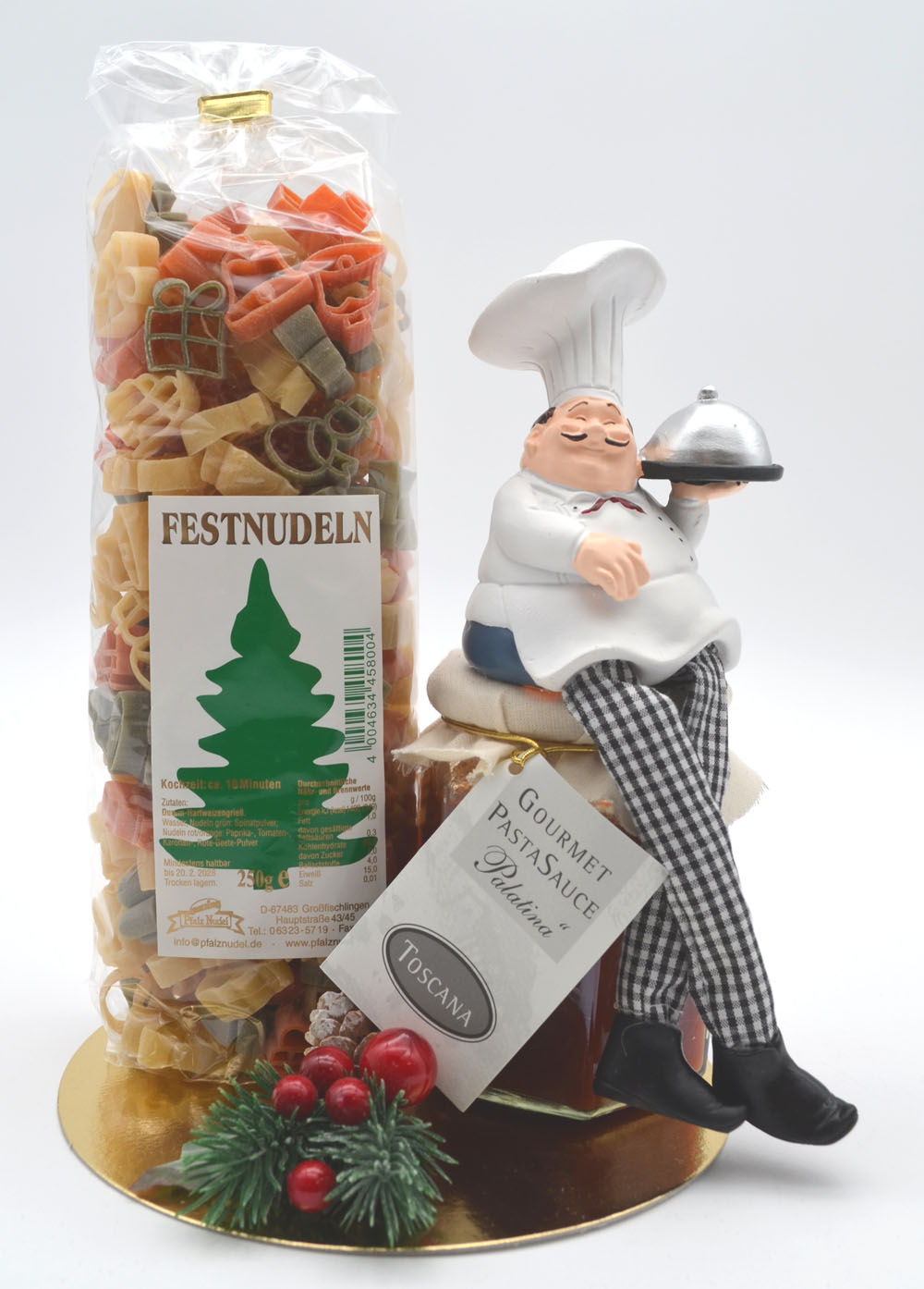 Festnudeln Präsent mit Gourmet-Soße und Kantensitzer Sternekoch
