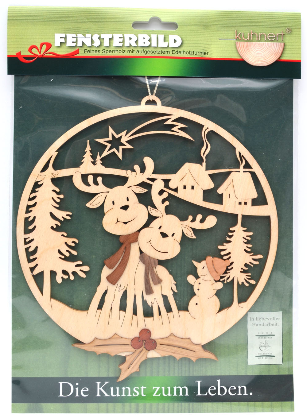 Fensterbild Motiv Elche mit Schneemann d=18 cm Echt Erzgebirge 
