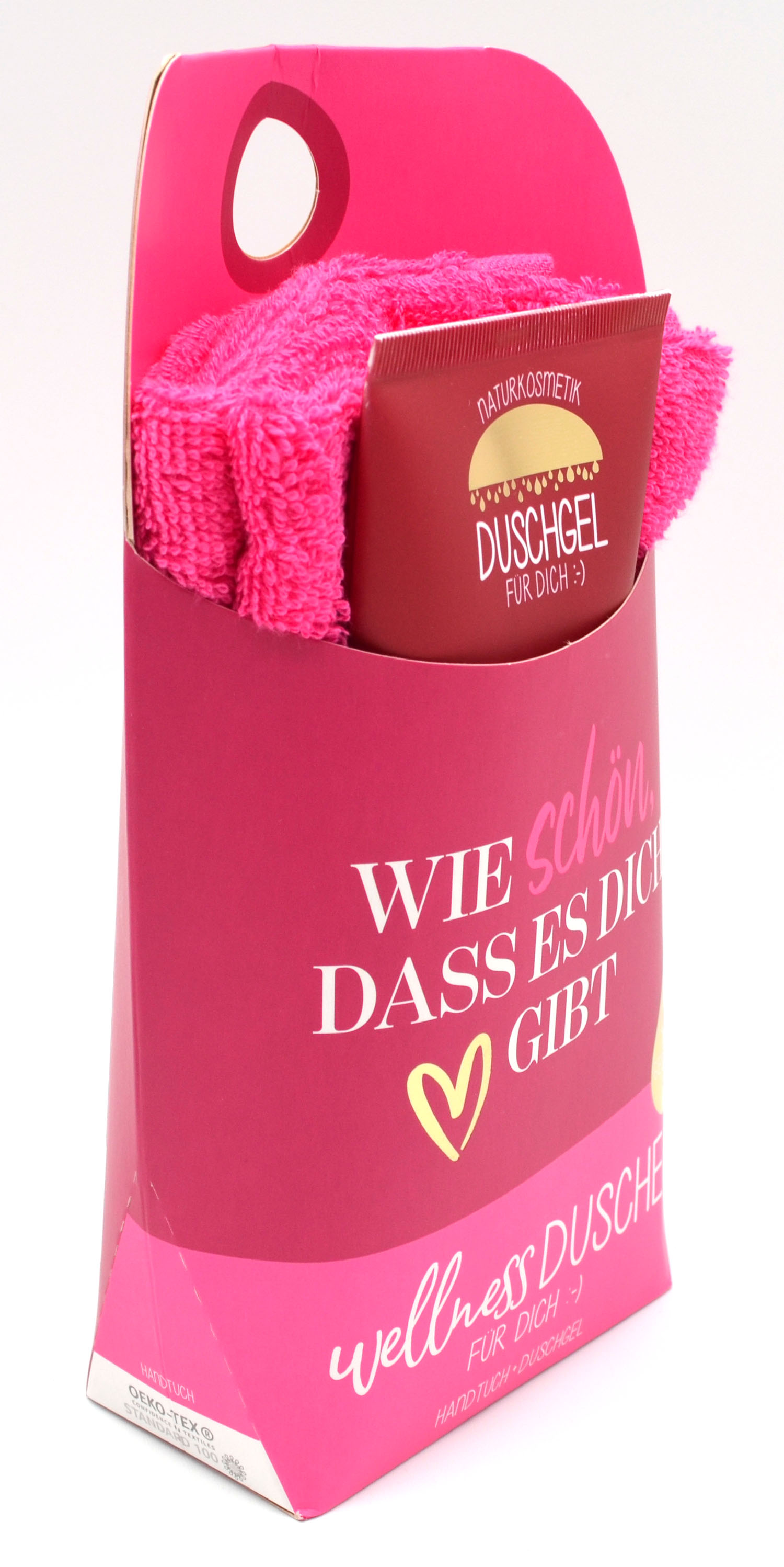 Wellness-Dusche für Dich Handtuch und Duschgel Spruch mit Herz