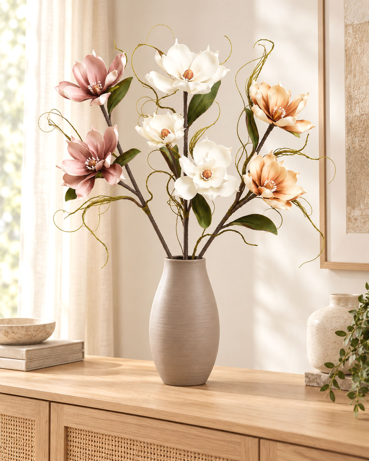 Künstlicher Magnolienzweig 106 cm mit 3 Blüten Beige, Altrosa oder Weiß  Varianten