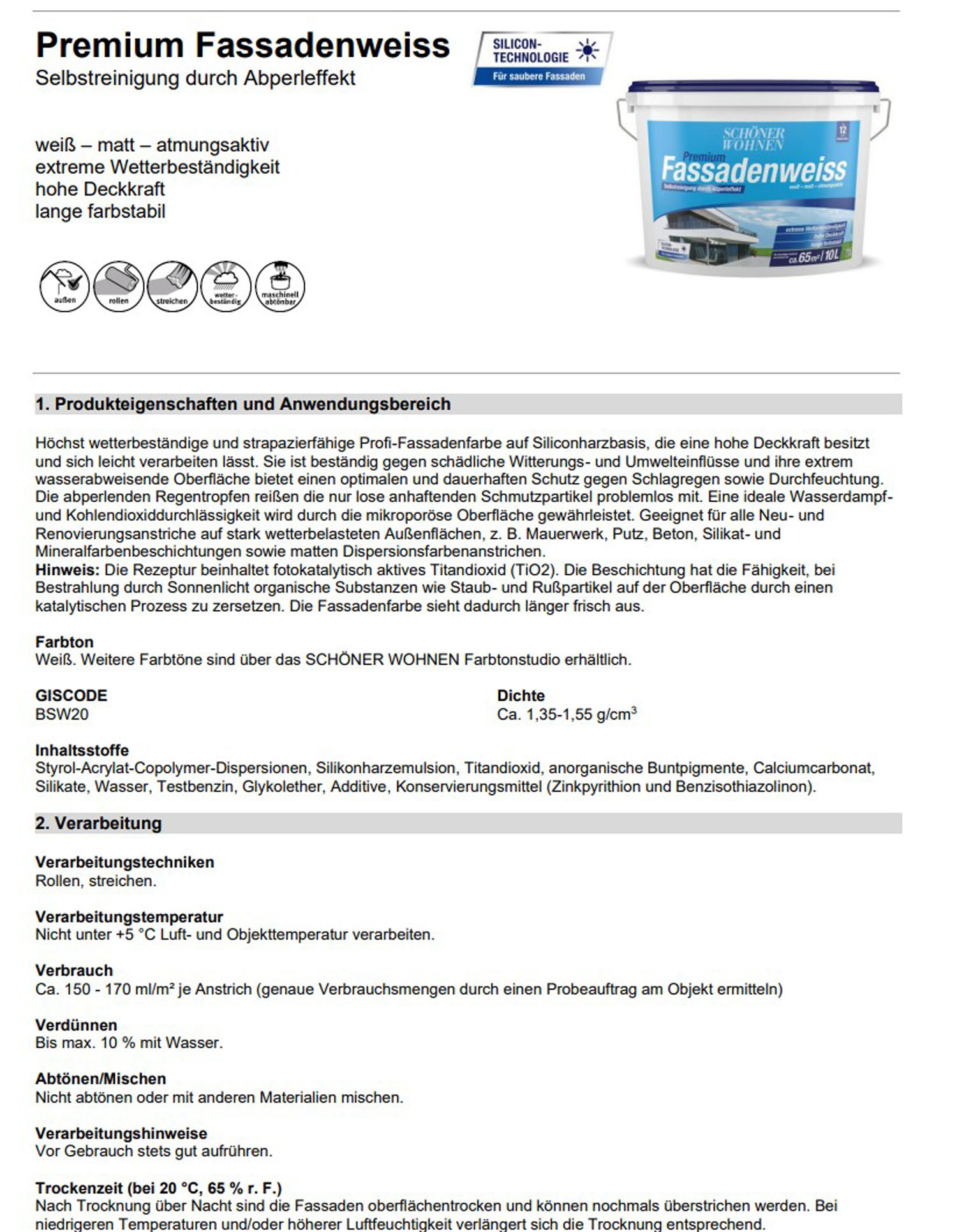 Siliconharz-Fassadenfarbe mit Abperleffekt 2,5 l 