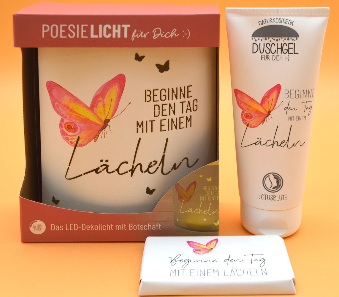 Geschenkset Poesielicht Lächeln, Duschbad und Schokolade Geschenkset Poesielicht Lächeln, Duschbad und Schokolade