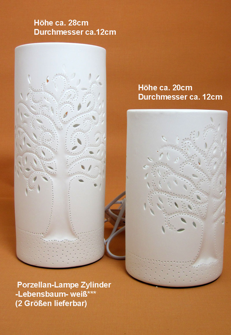 Porzellan-Lampe Zylinder -Lebensbaum- weiß, Höhe ca. 20cm