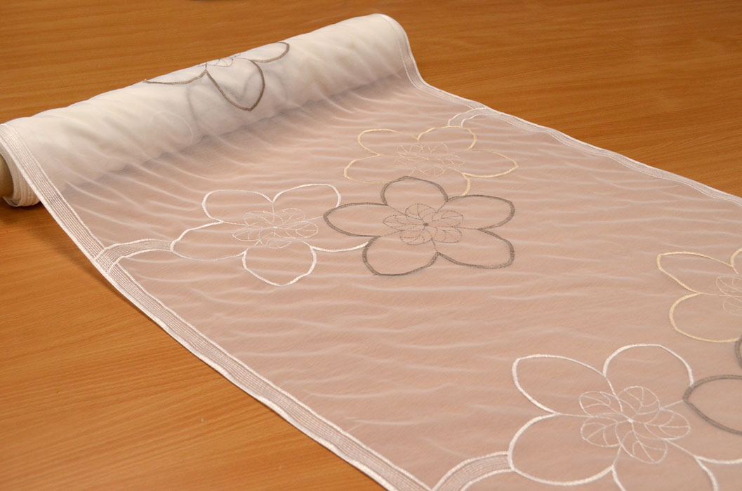 Fläche Gardine Stickerei weiß-beige-braun Blume 60 cm breit Meterware