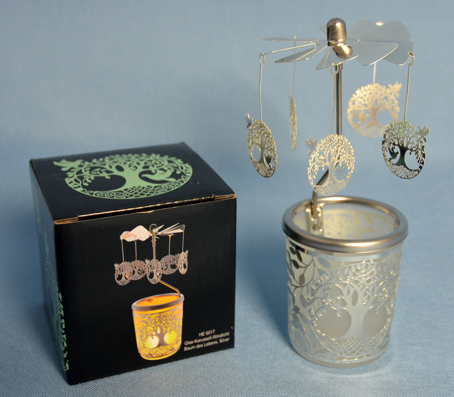 Glas-Karussell-Windlicht - Baum des Lebens silber HxD 15x6,5cm