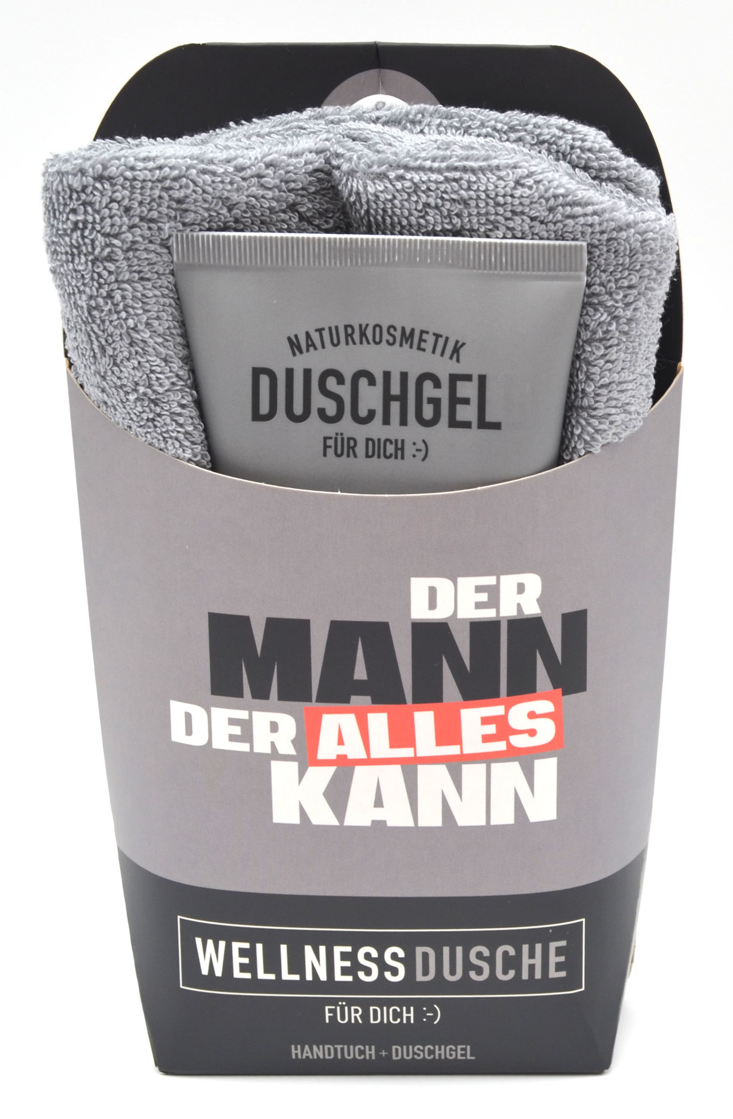 Wellness-Dusche für Dich Handtuch und Duschgel Spruch Mann