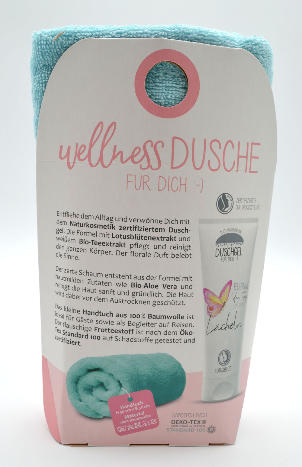 Wellness-Dusche für Dich Handtuch und Duschgel Lächeln