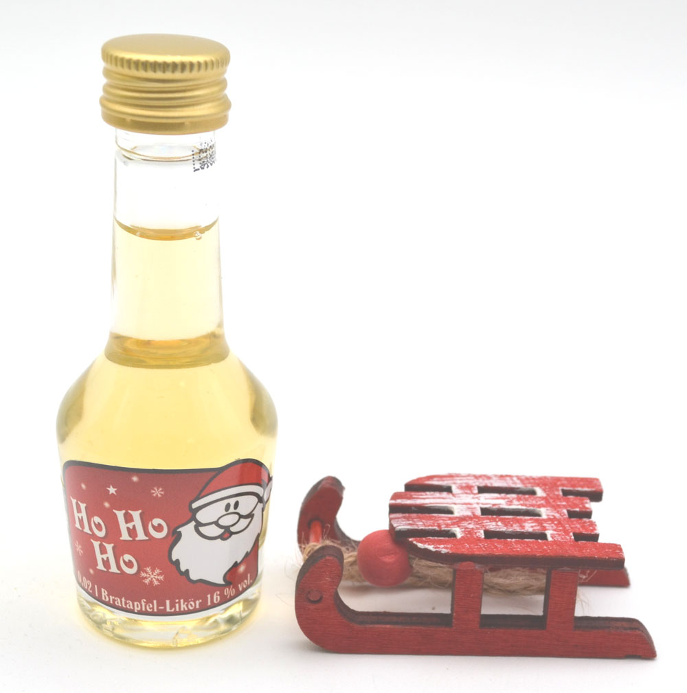 Kleines Likörpräsent Bratapfel mit Schlitten in Geschenkfolie 0,02 l 