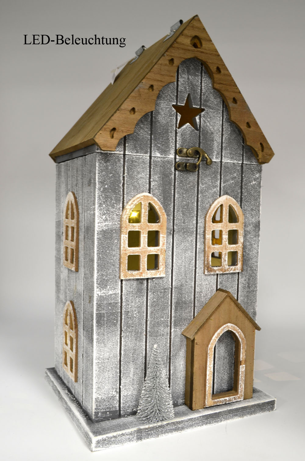 Holzhaus Retro grau-natur mit Deckel und LED 42x22x18 cm (HxBxT) 