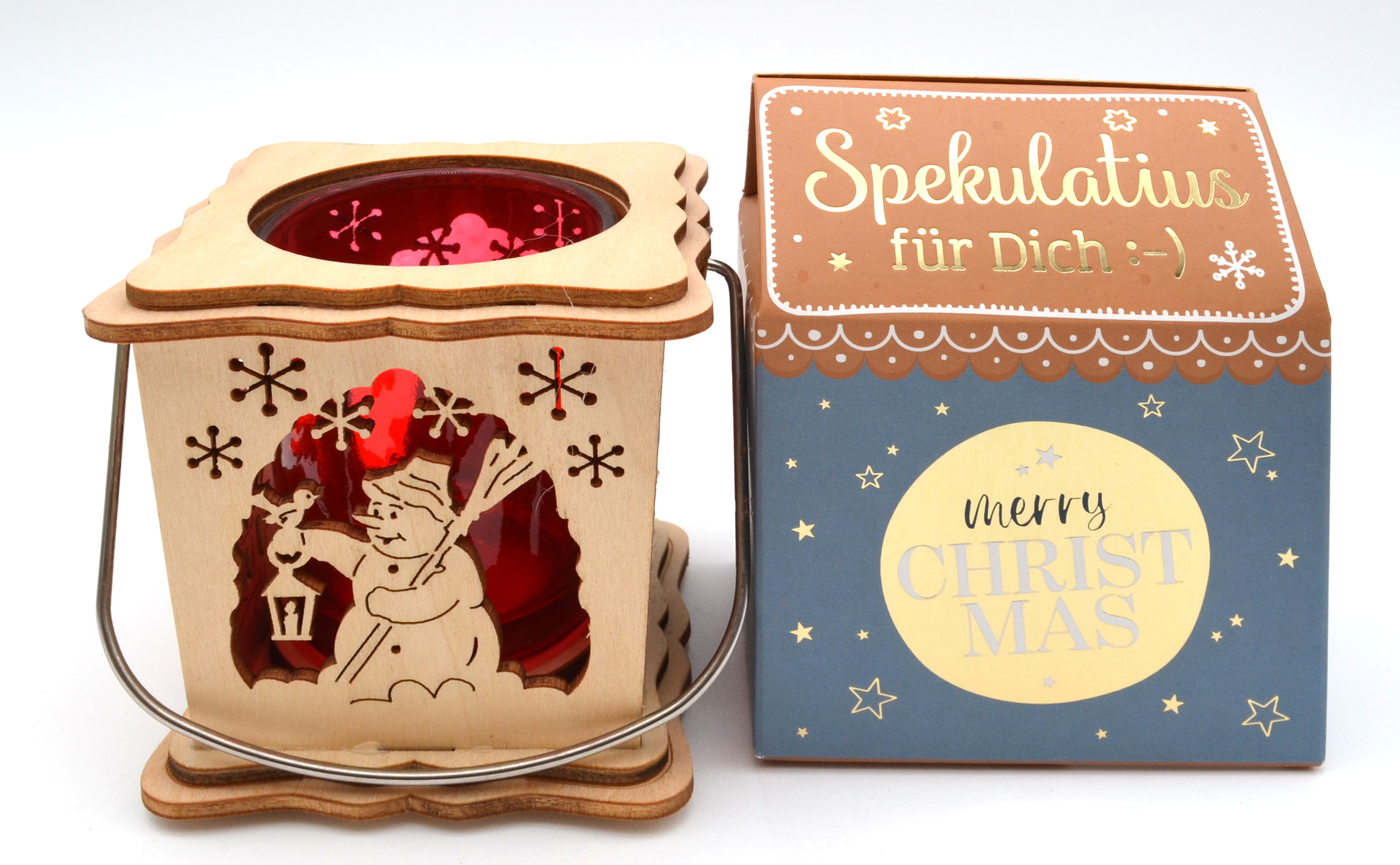 Fertig verpacktes Weihnachtspräsent – Laterne & Spekulatius
