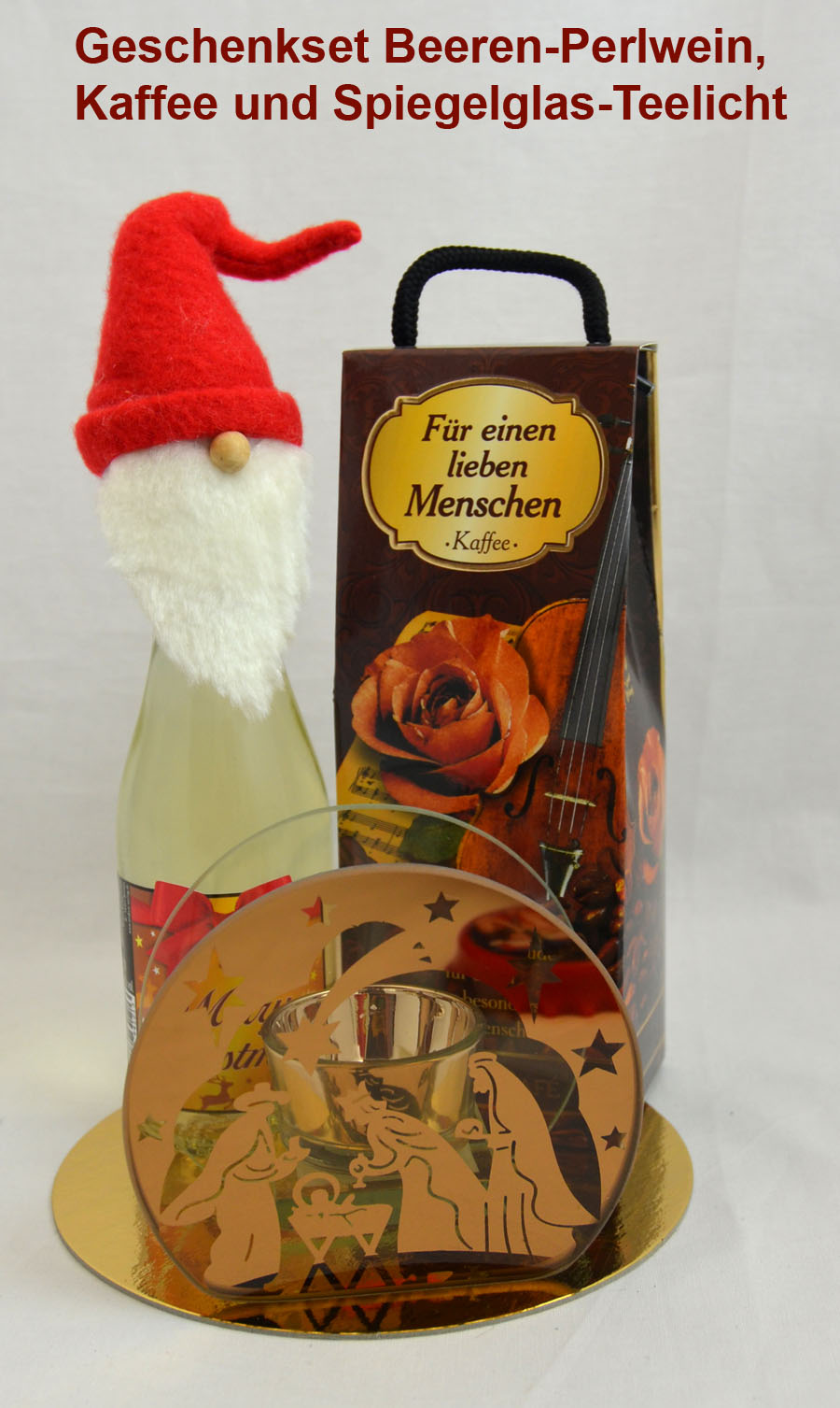 geschenkset_beerenperlwein_kaffee_spiegelglas Geschenk-Set Beeren-Perlwein, Kaffee und Spiegelglas-Teelichthalter