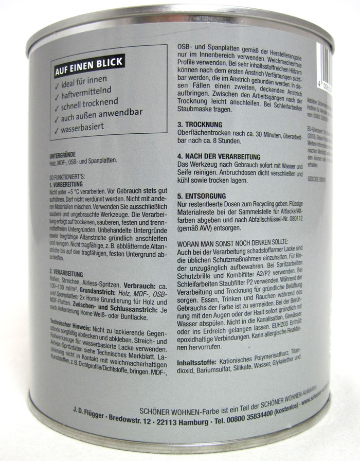 Home Grundierung für Holz und MDF - Platten 750ml weiß