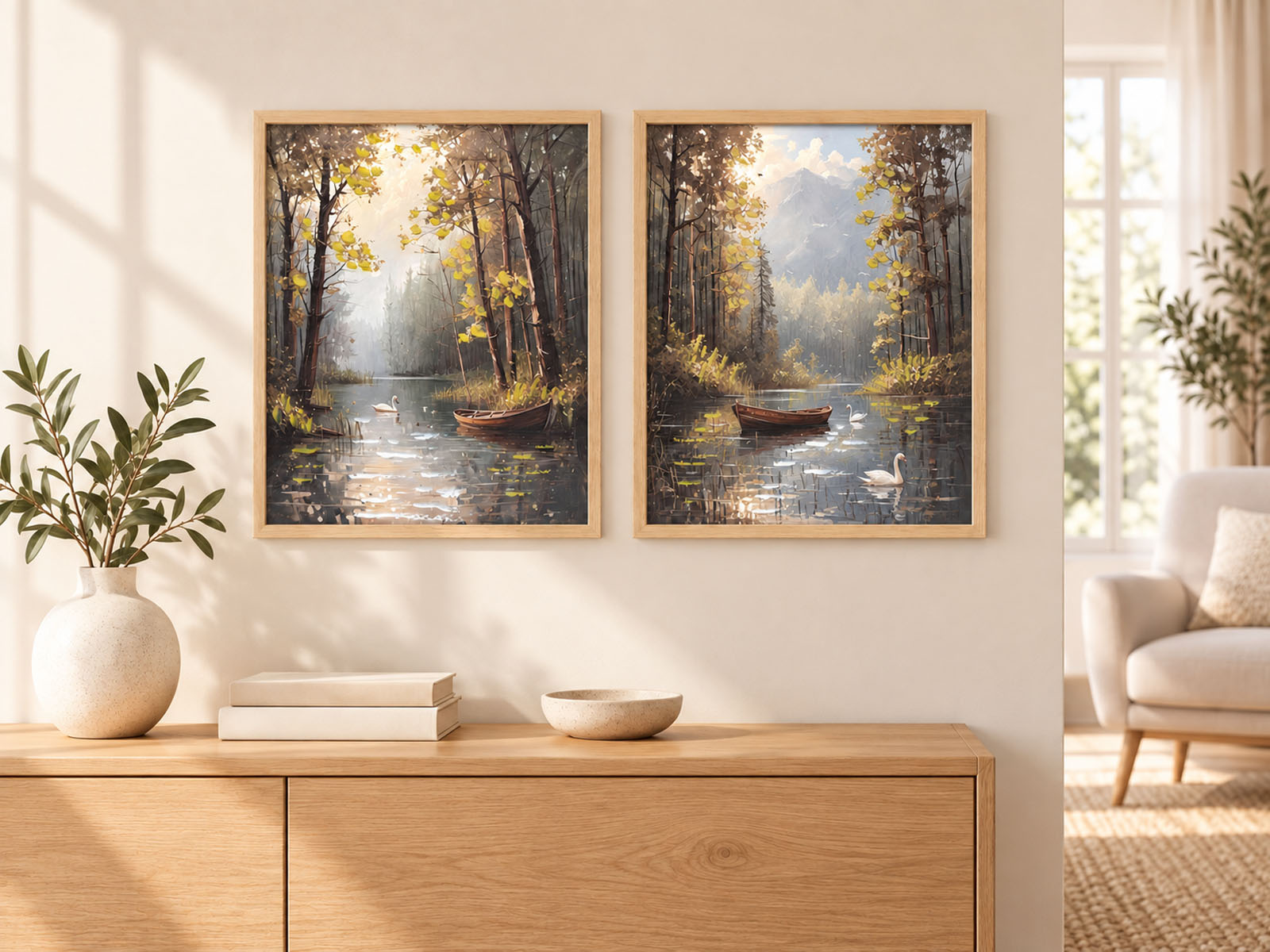 Gerahmtes Wandbild Waldsee mit Boot 40 × 50 cm – 2 Motive
