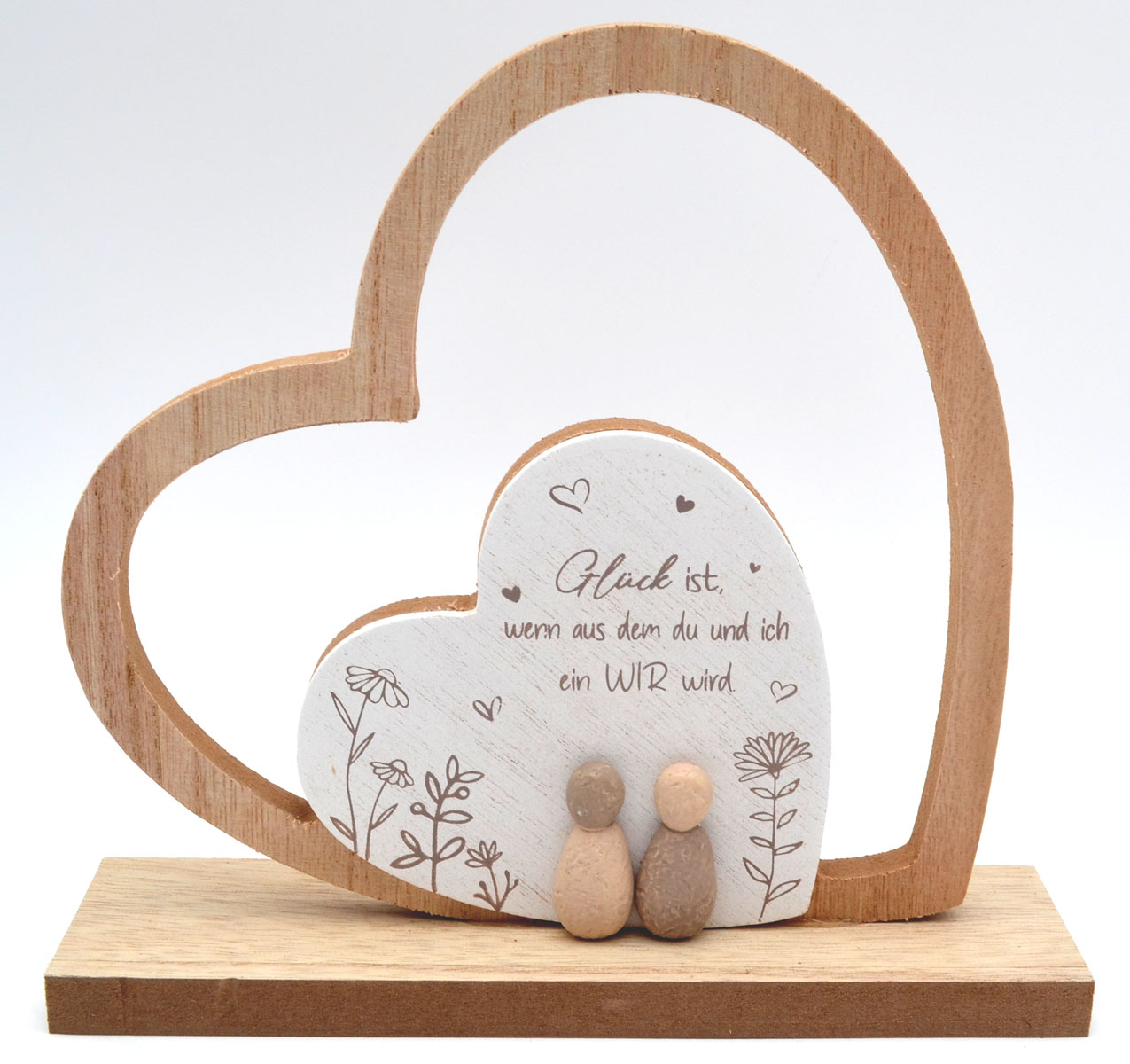 Herz in Herz – Dekoherz in Holz-Steinoptik mit Spruch Glück 20 × 18 cm